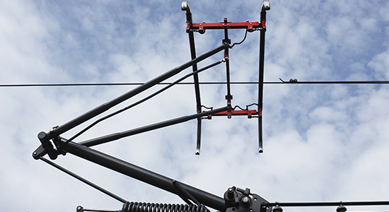 Pantograph on an overhead wire for inspection in rail transport