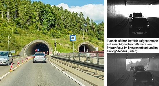 Tunnel entrance in road traffic with extreme lighting conditions – comparison of linear and LinLog® modes.